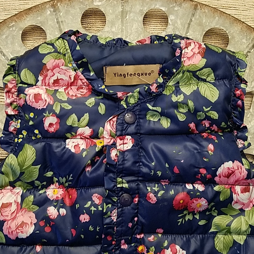 New Girls Navy Ruffled Autumn Winter Puffer Vest - Picture 4 of 8